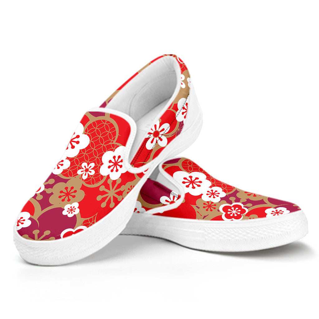 Flower Kimono Pattern Print White Slip On Shoes