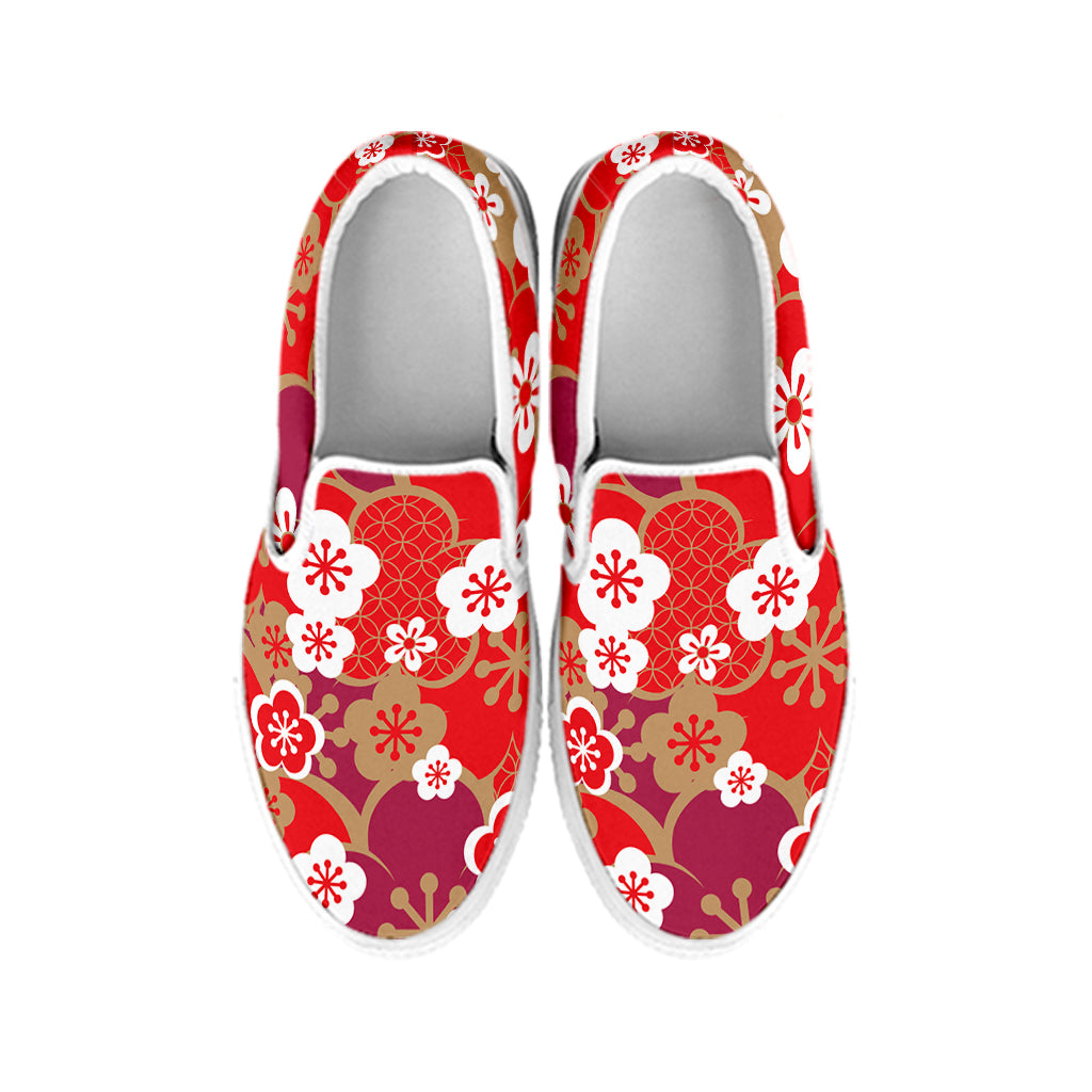 Flower Kimono Pattern Print White Slip On Shoes