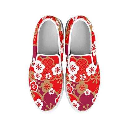 Flower Kimono Pattern Print White Slip On Shoes