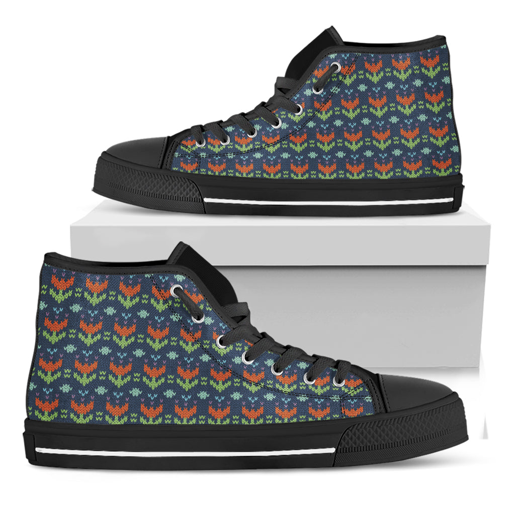 Flower Knitted Pattern Print Black High Top Shoes