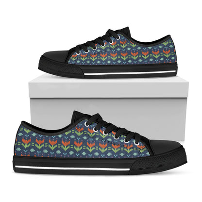Flower Knitted Pattern Print Black Low Top Shoes