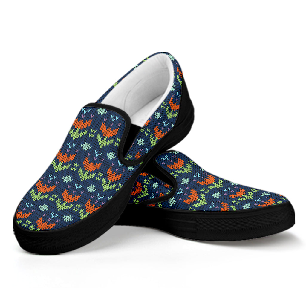 Flower Knitted Pattern Print Black Slip On Shoes
