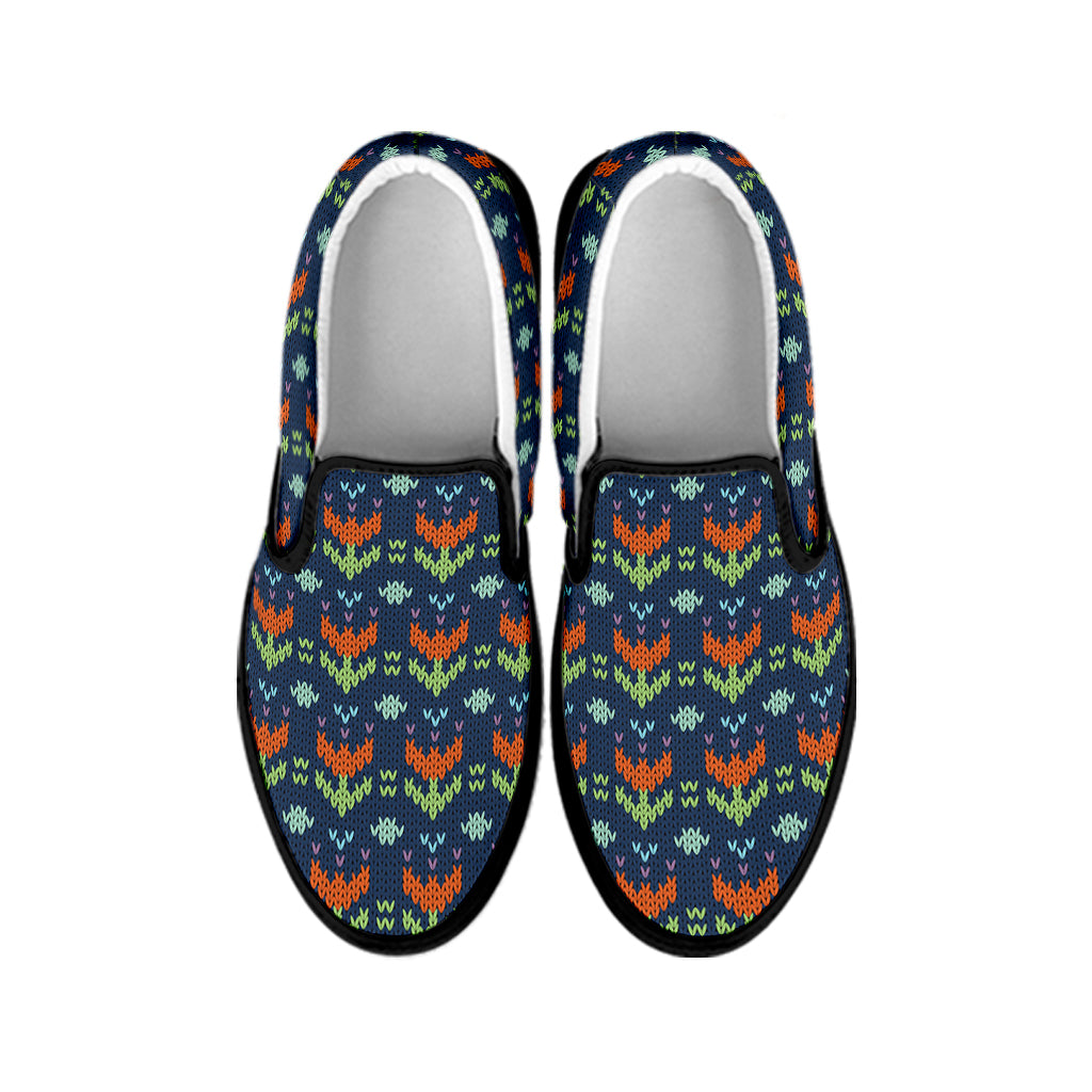 Flower Knitted Pattern Print Black Slip On Shoes