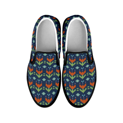 Flower Knitted Pattern Print Black Slip On Shoes