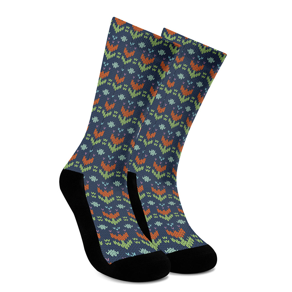 Flower Knitted Pattern Print Crew Socks