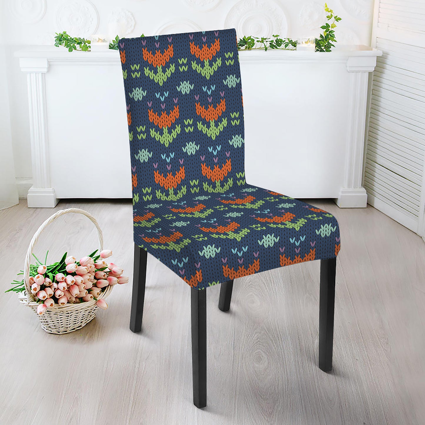 Flower Knitted Pattern Print Dining Chair Slipcover