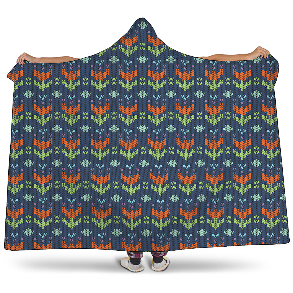 Flower Knitted Pattern Print Hooded Blanket