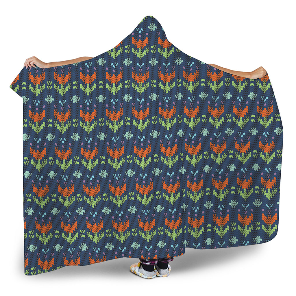 Flower Knitted Pattern Print Hooded Blanket
