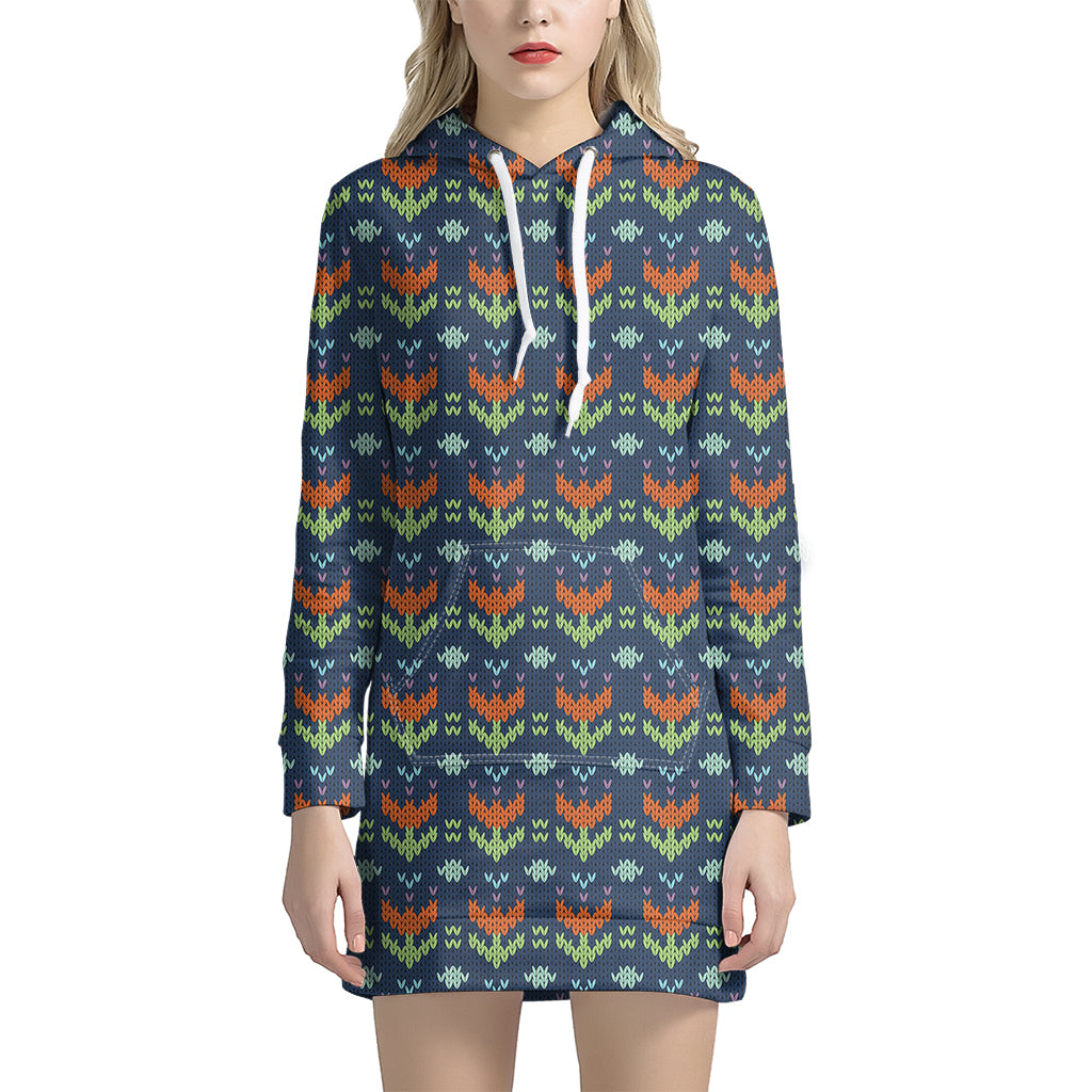 Flower Knitted Pattern Print Hoodie Dress