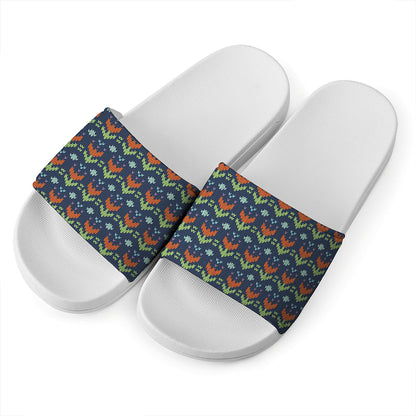 Flower Knitted Pattern Print White Slide Sandals