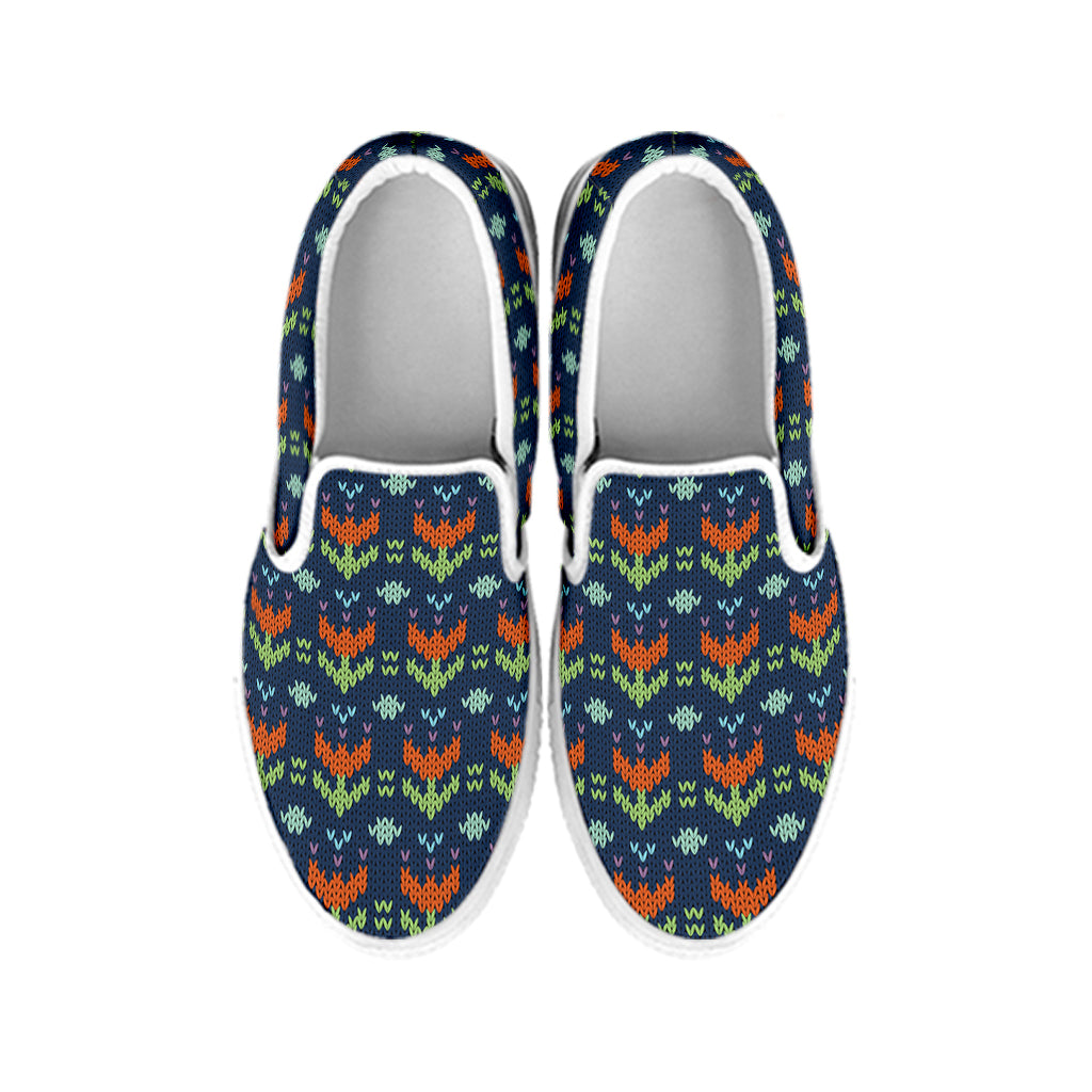 Flower Knitted Pattern Print White Slip On Shoes