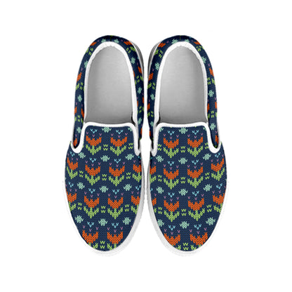 Flower Knitted Pattern Print White Slip On Shoes