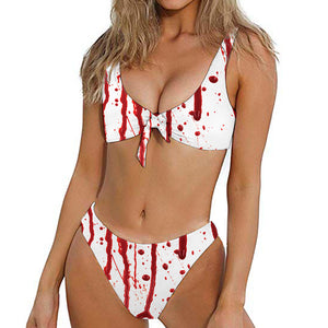 Flowing Red Blood Print Front Bow Tie Bikini