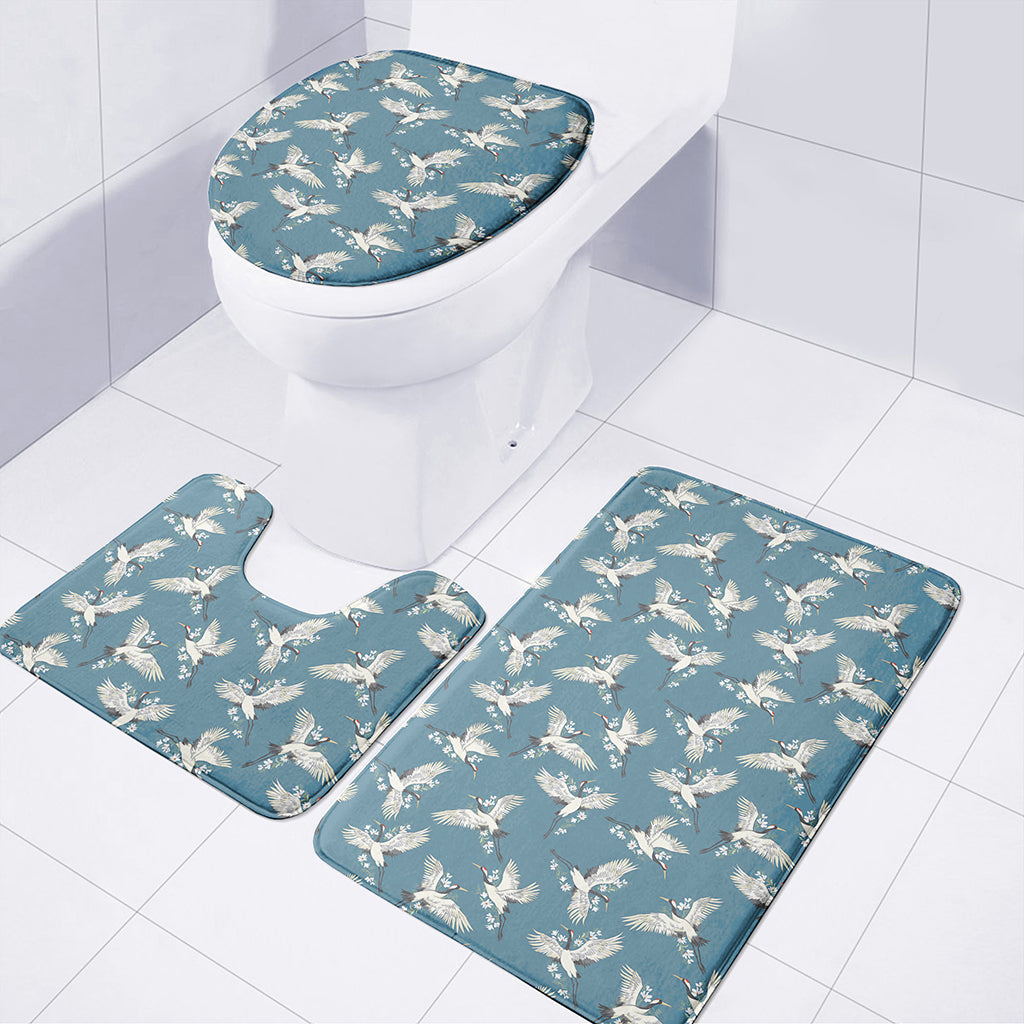 Flying Crane Bird Pattern Print 3 Piece Bath Mat Set