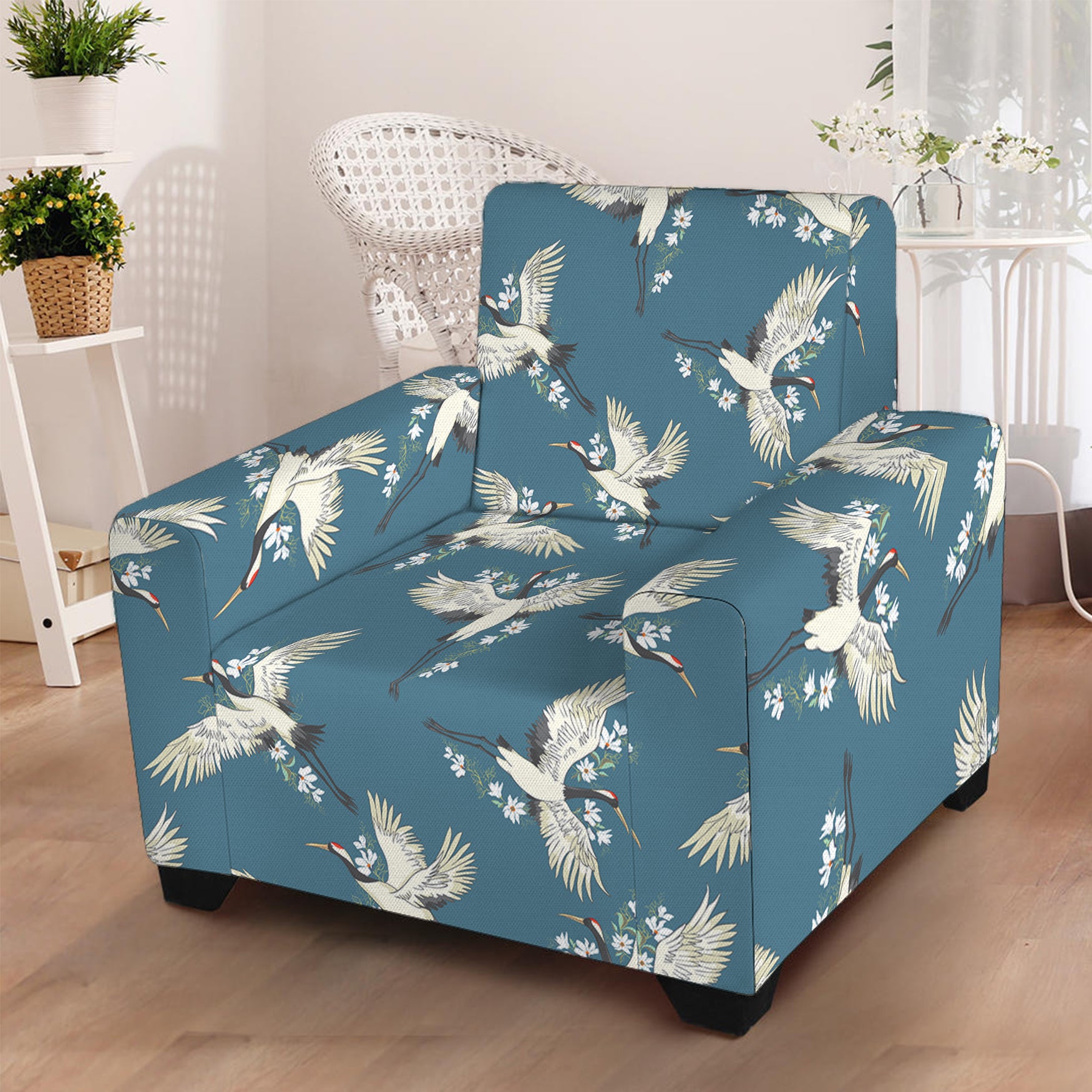 Flying Crane Bird Pattern Print Armchair Slipcover