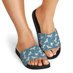 Flying Crane Bird Pattern Print Black Slide Sandals