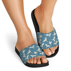 Flying Crane Bird Pattern Print Black Slide Sandals