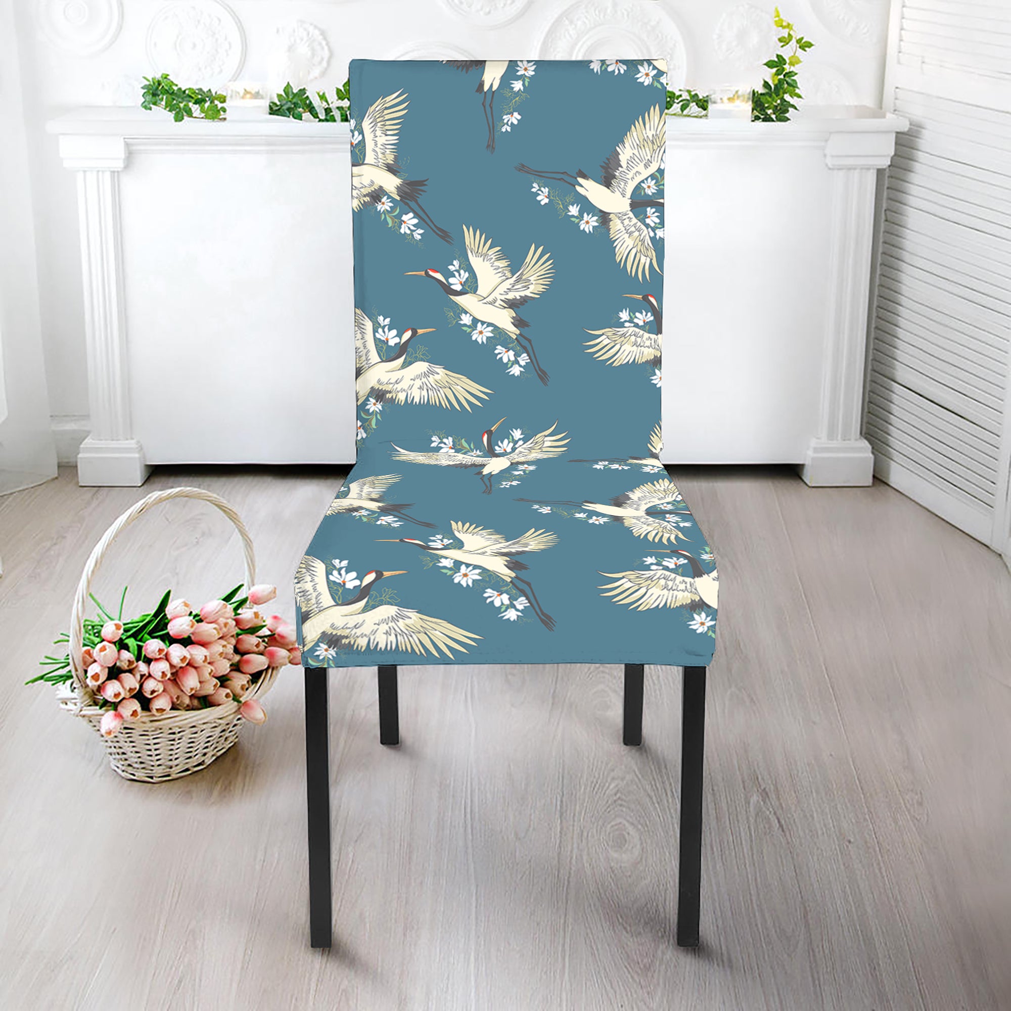 Flying Crane Bird Pattern Print Dining Chair Slipcover