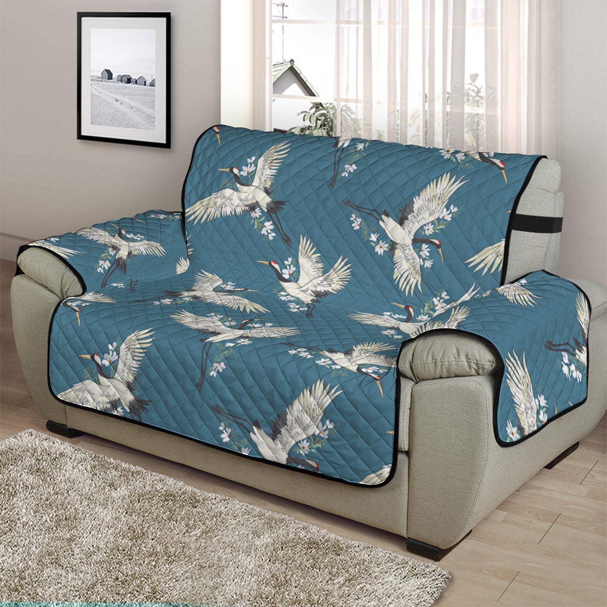 Flying Crane Bird Pattern Print Half Sofa Protector