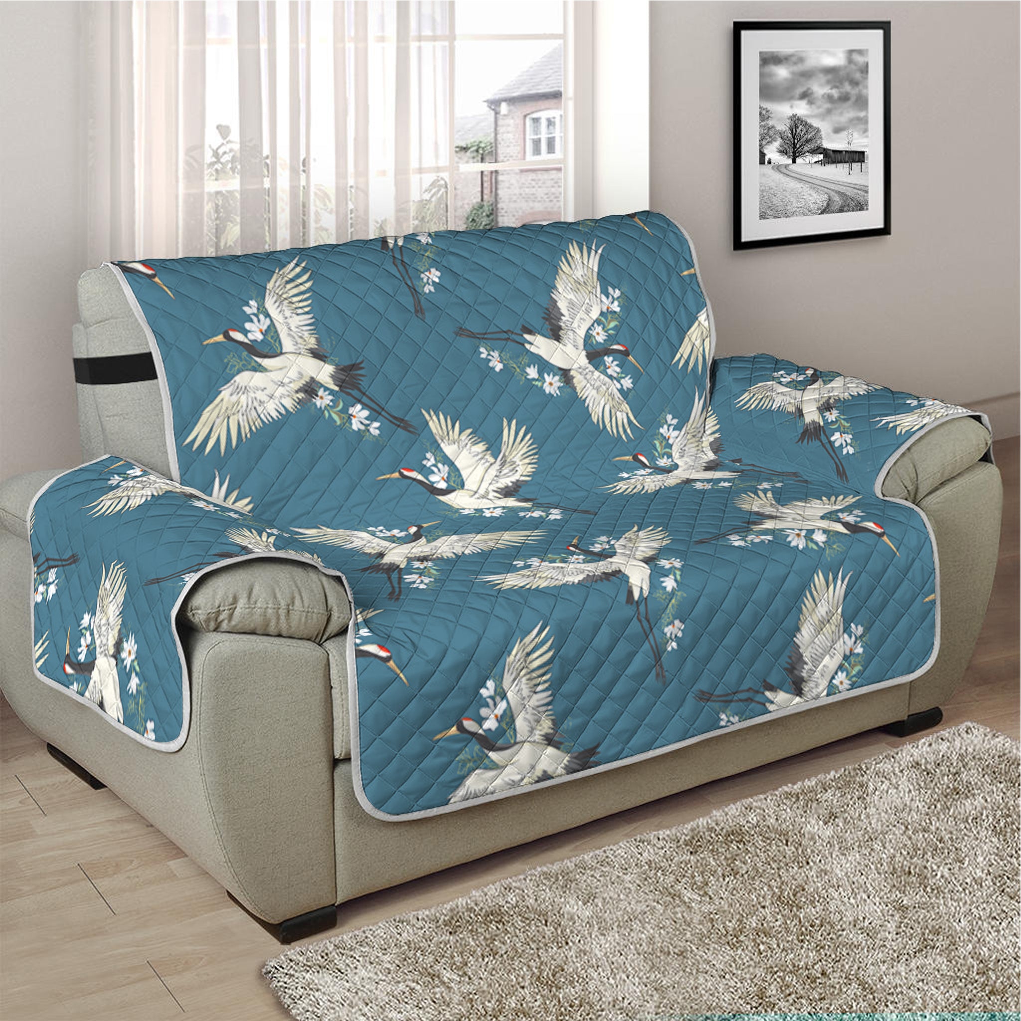 Flying Crane Bird Pattern Print Half Sofa Protector