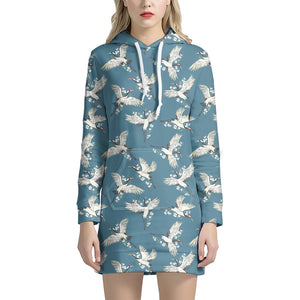 Flying Crane Bird Pattern Print Hoodie Dress