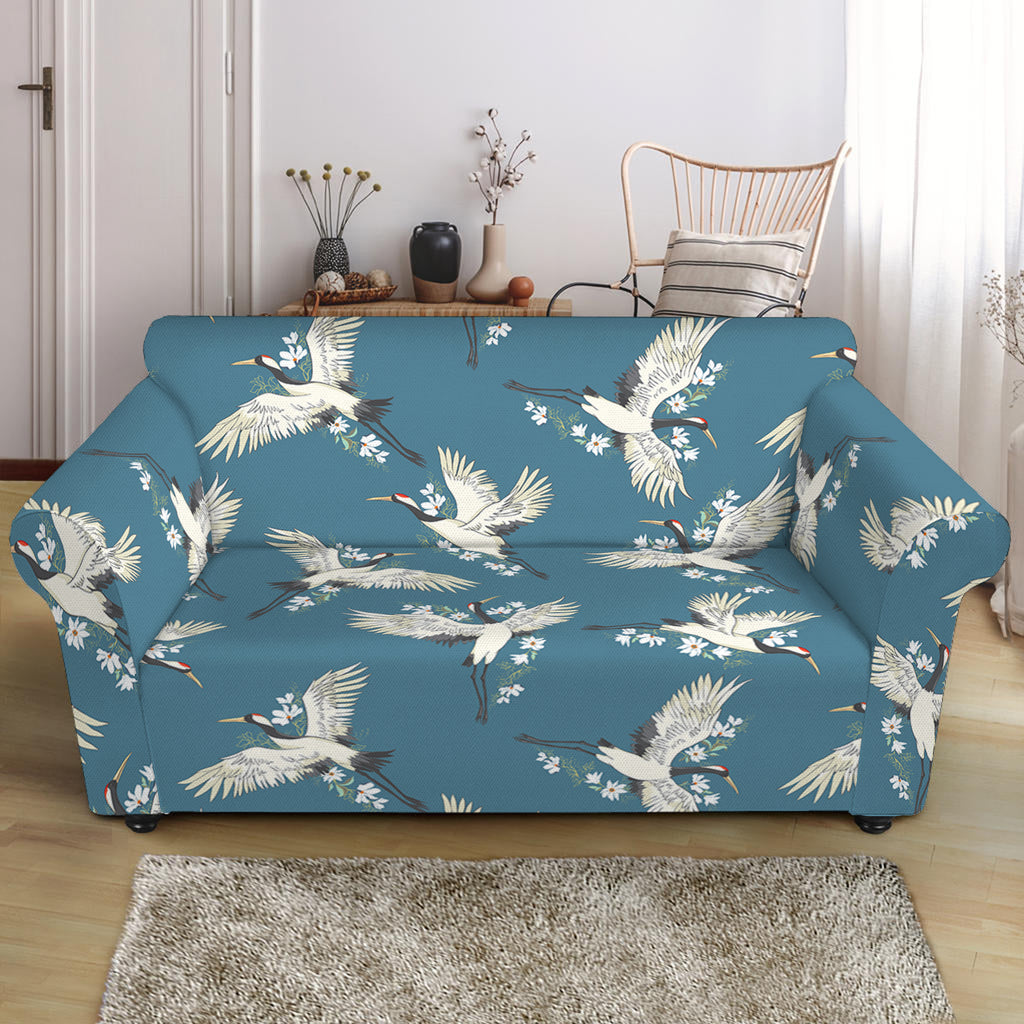 Flying Crane Bird Pattern Print Loveseat Slipcover