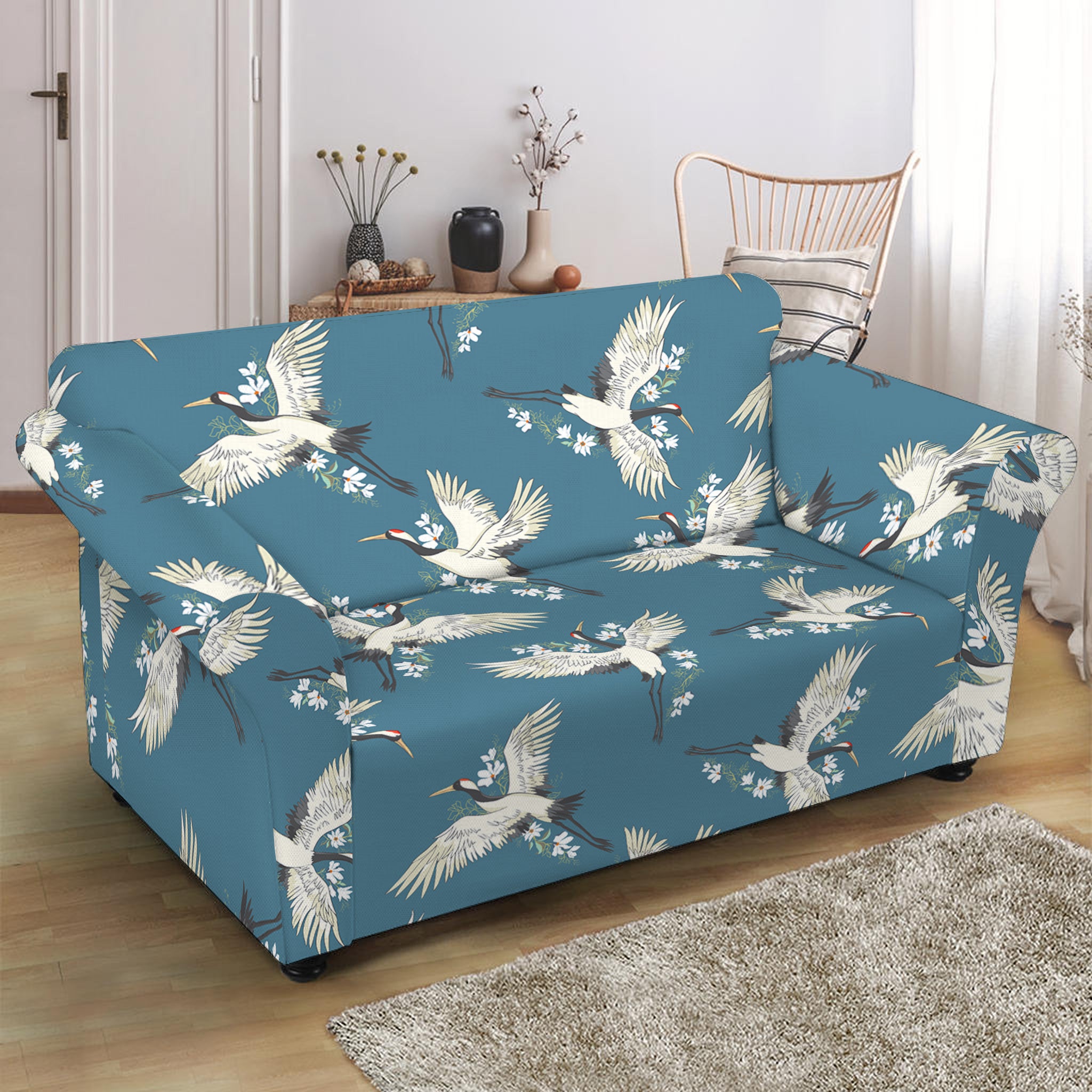 Flying Crane Bird Pattern Print Loveseat Slipcover