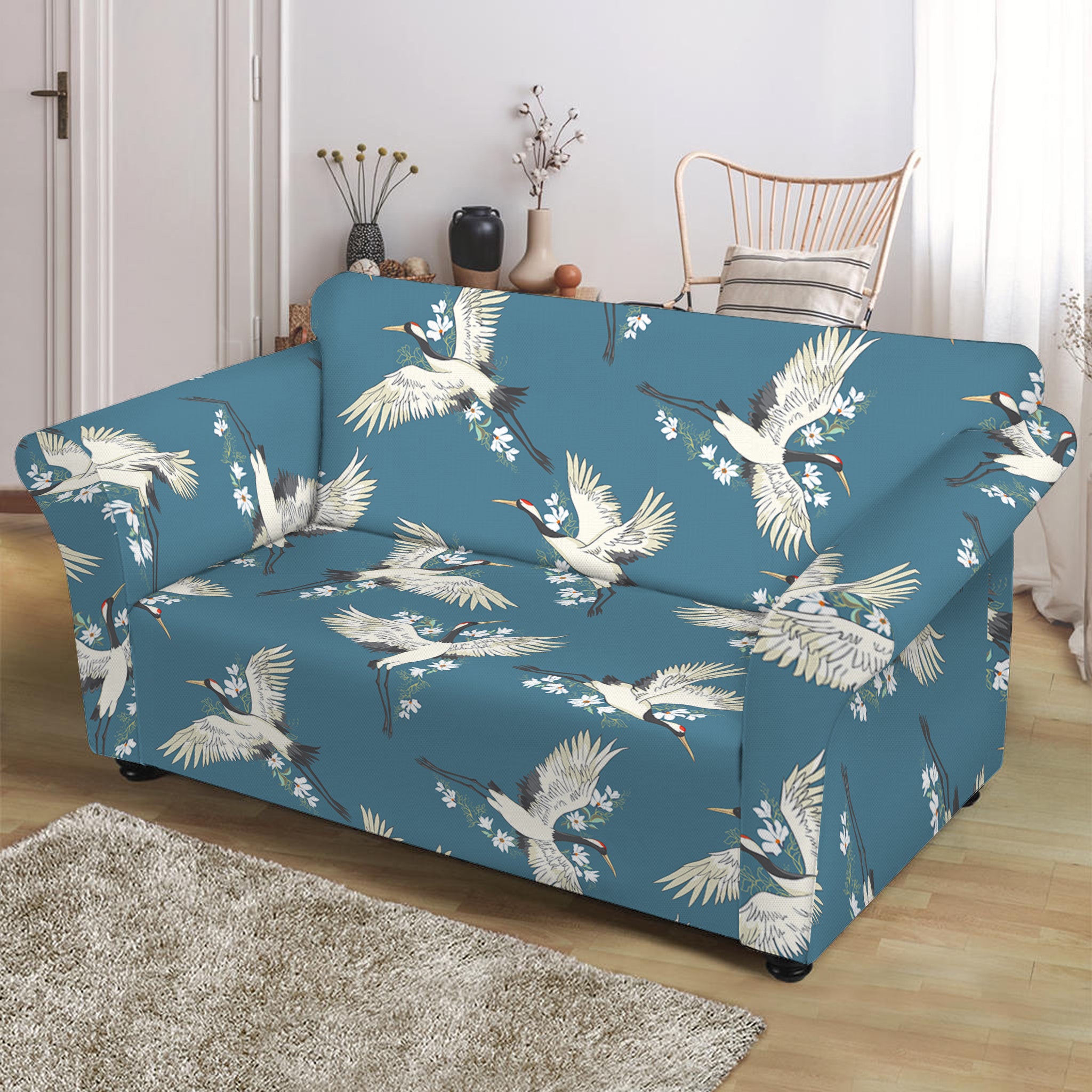 Flying Crane Bird Pattern Print Loveseat Slipcover