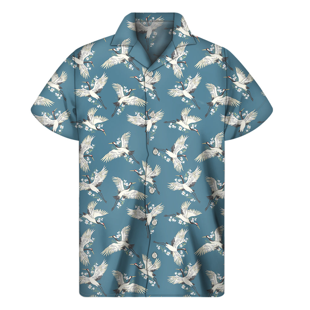 Flying Crane Bird Pattern Print Men's Short Sleeve Shirt