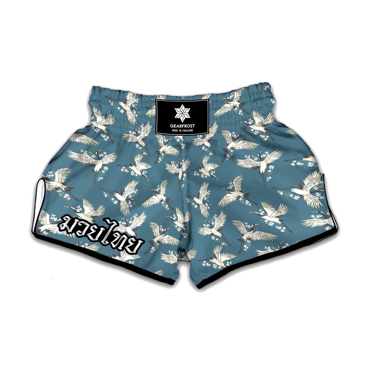 Flying Crane Bird Pattern Print Muay Thai Boxing Shorts