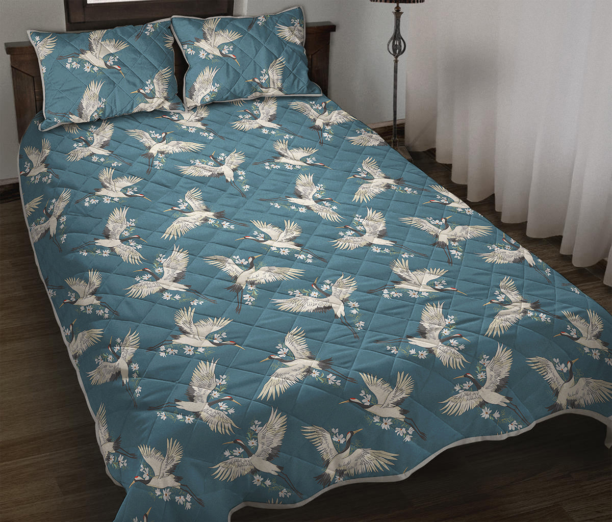 Flying Crane Bird Pattern Print Quilt Bed Set