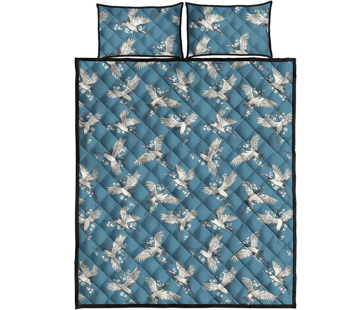 Flying Crane Bird Pattern Print Quilt Bed Set