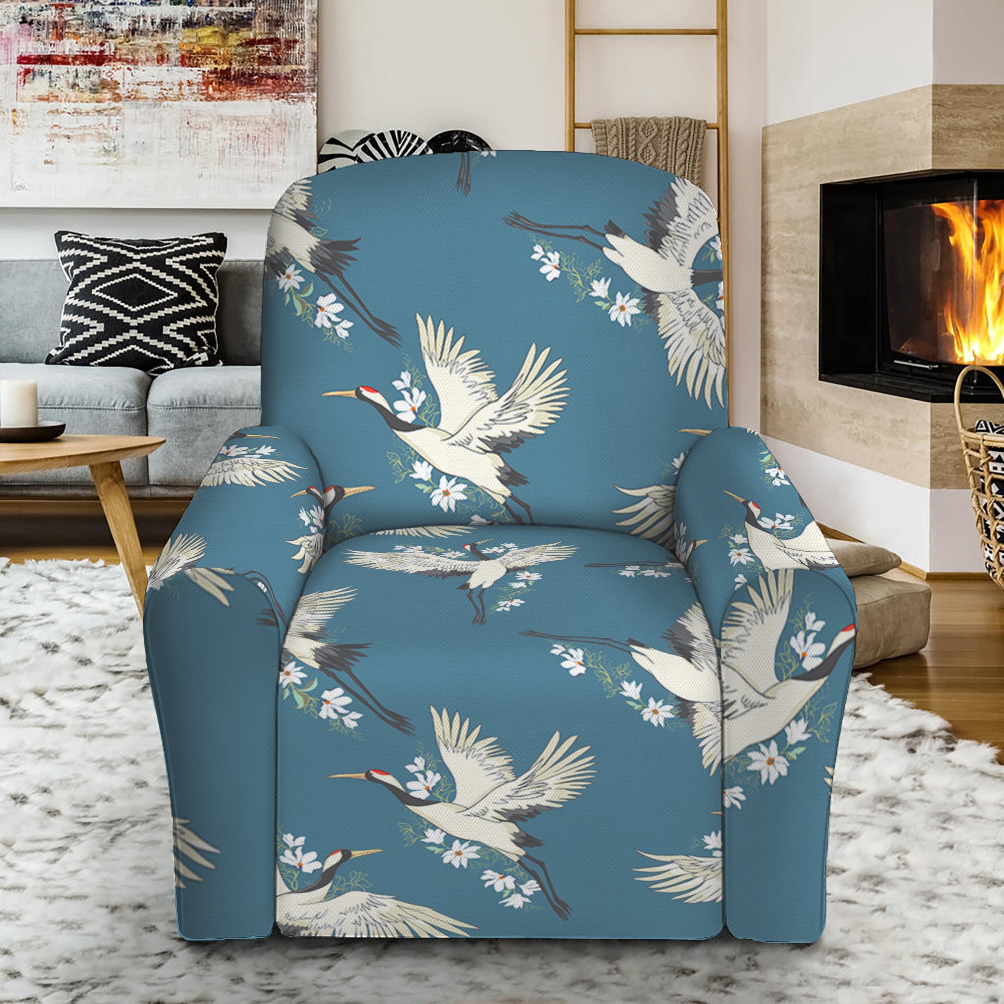 Flying Crane Bird Pattern Print Recliner Slipcover