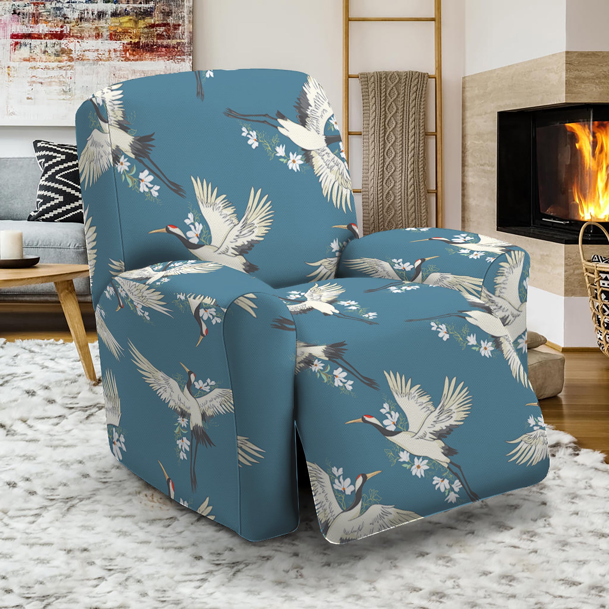 Flying Crane Bird Pattern Print Recliner Slipcover