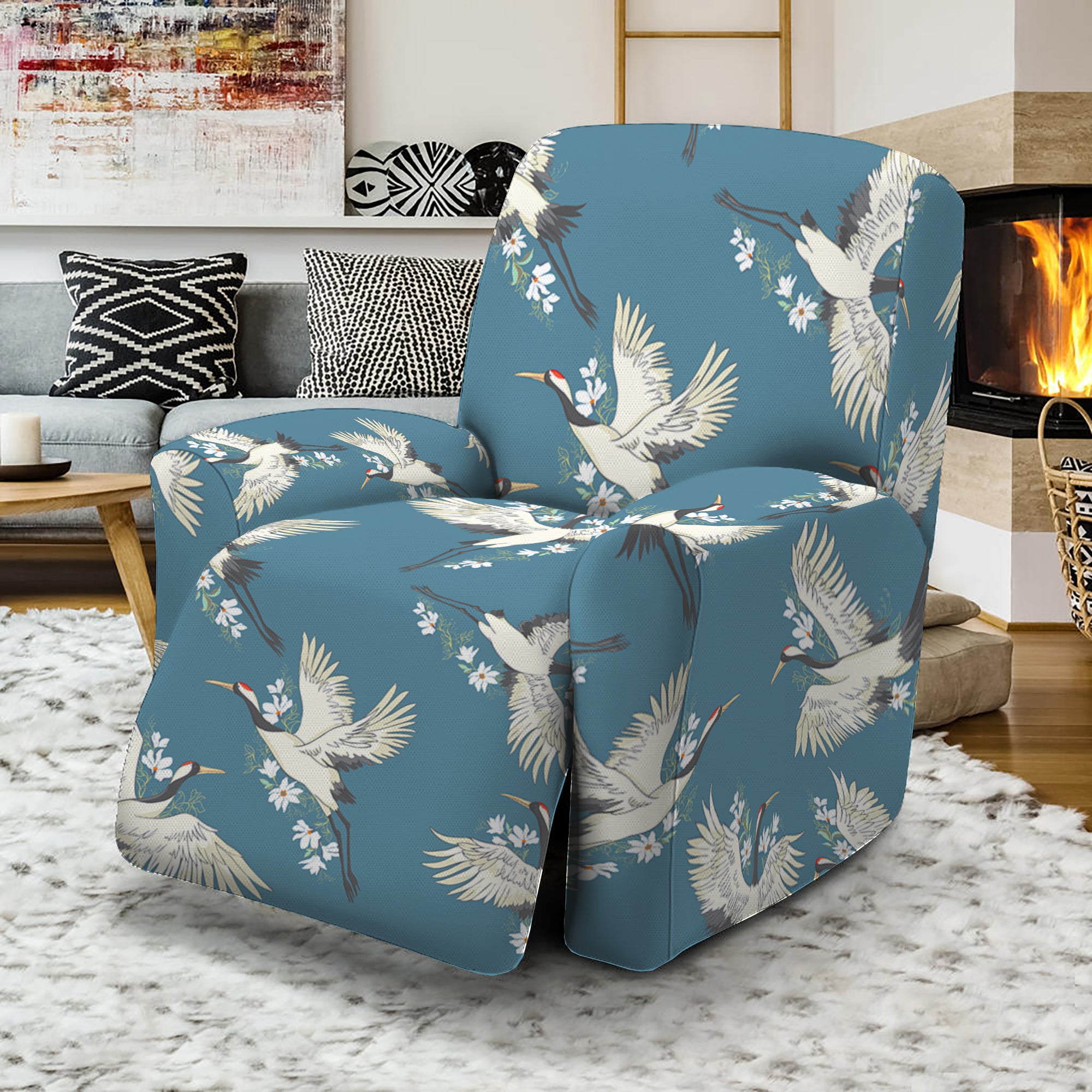 Flying Crane Bird Pattern Print Recliner Slipcover