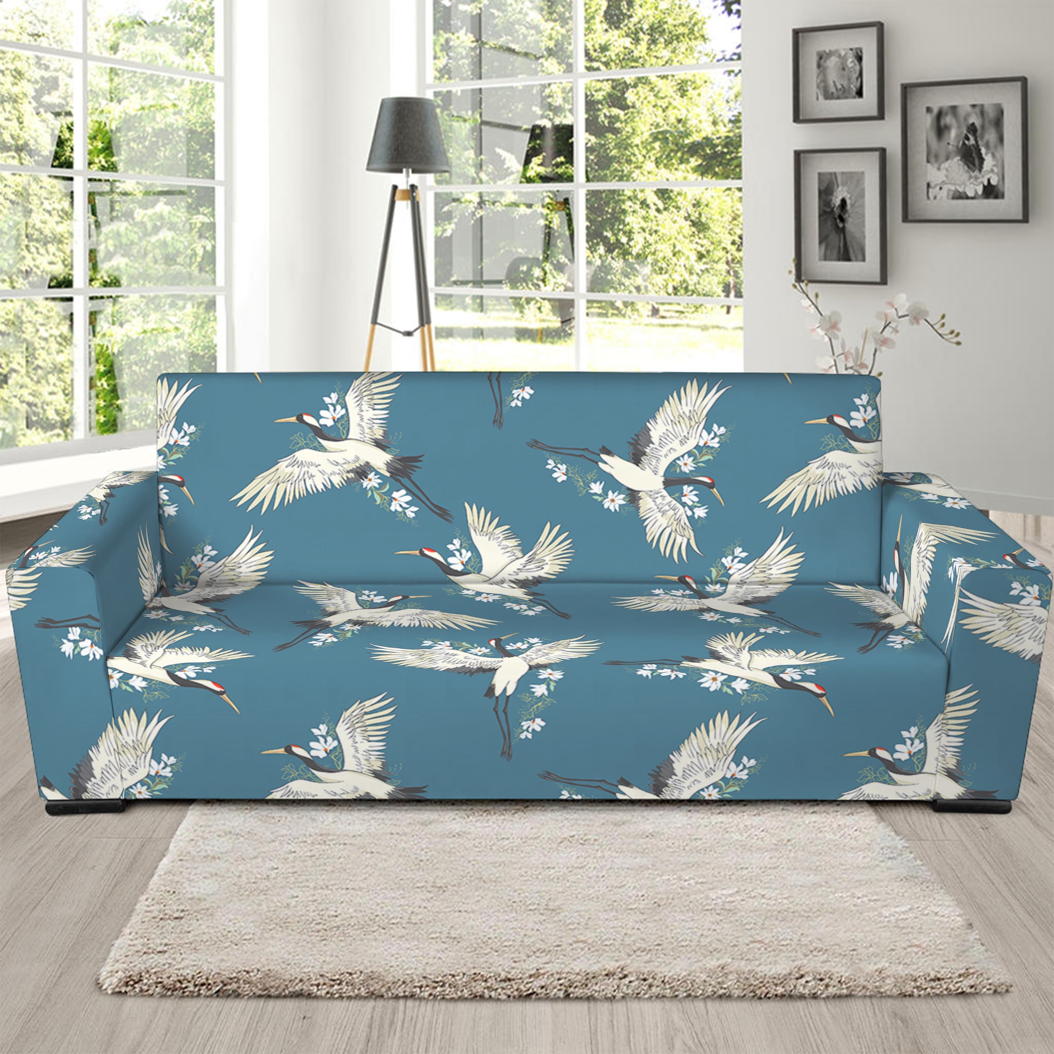 Flying Crane Bird Pattern Print Sofa Slipcover