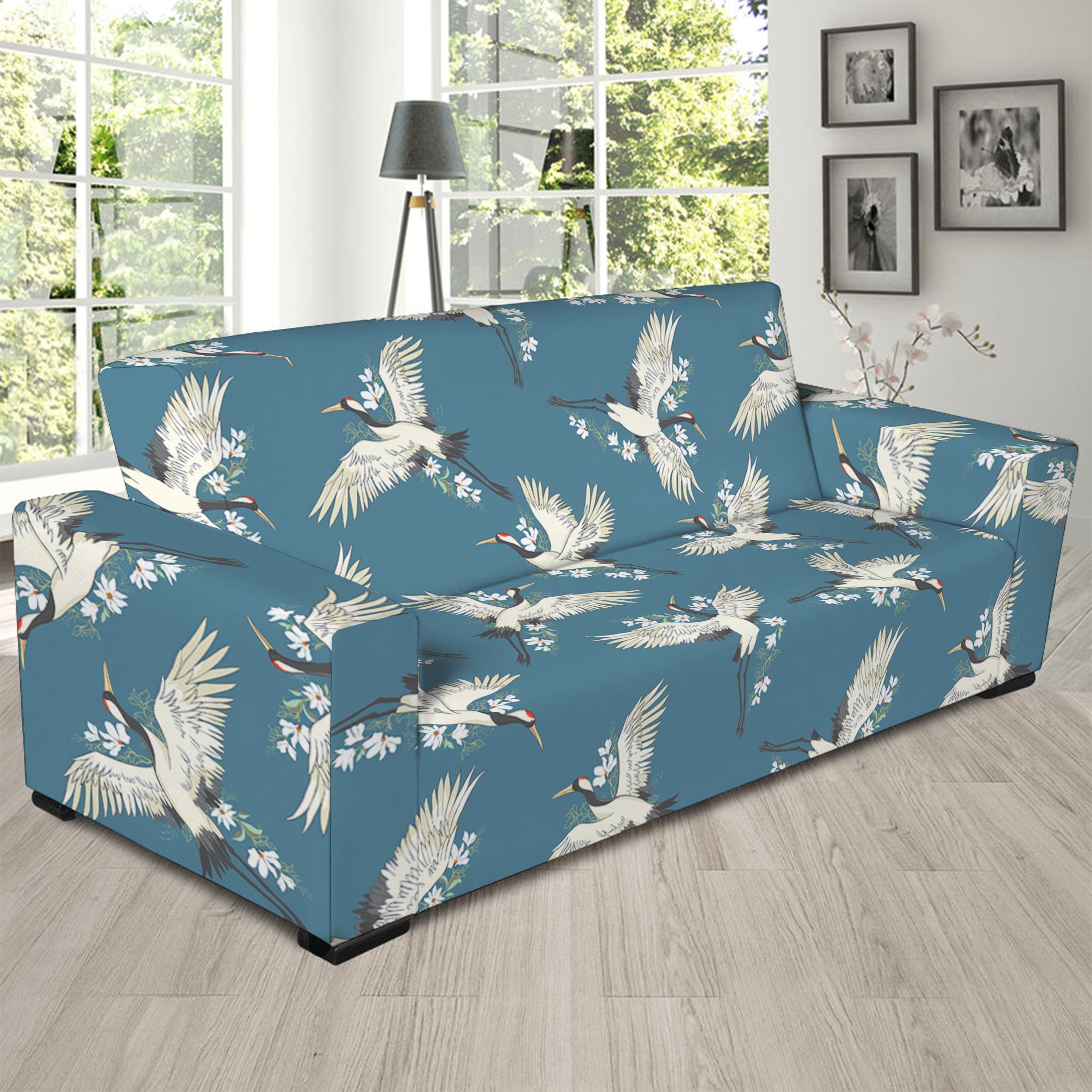 Flying Crane Bird Pattern Print Sofa Slipcover