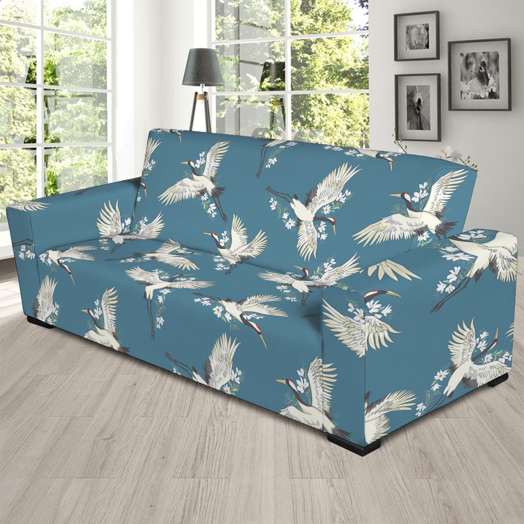 Flying Crane Bird Pattern Print Sofa Slipcover