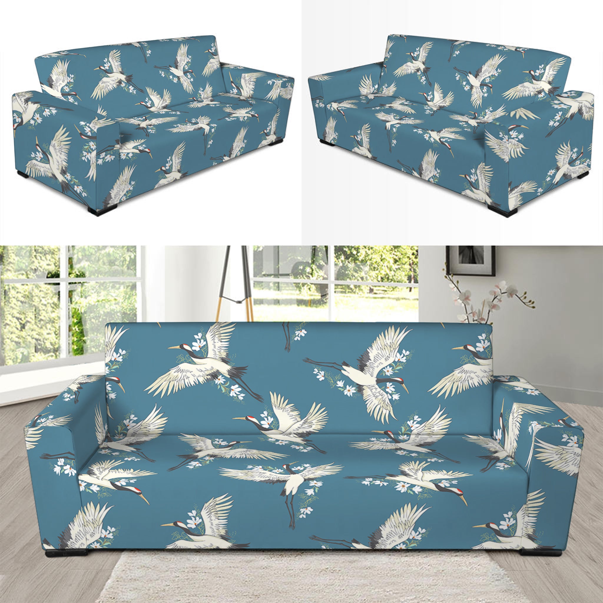 Flying Crane Bird Pattern Print Sofa Slipcover