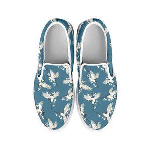 Flying Crane Bird Pattern Print White Slip On Shoes