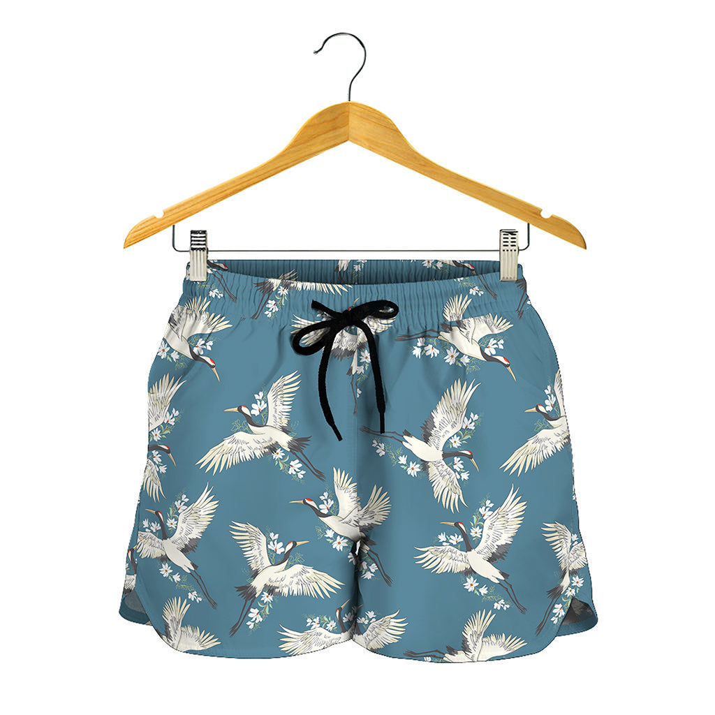 Flying Crane Bird Pattern Print Women's Shorts