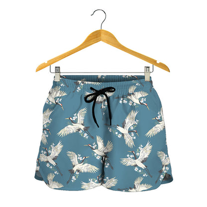 Flying Crane Bird Pattern Print Women's Shorts