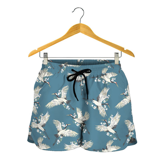 Flying Crane Bird Pattern Print Women's Shorts