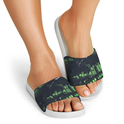 Flying Dutchman Ghost Pirate Ship Print White Slide Sandals