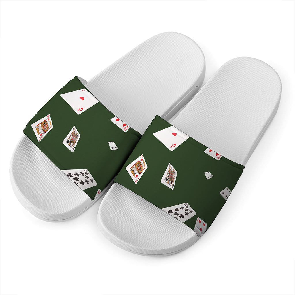 Flying Poker Cards Print White Slide Sandals