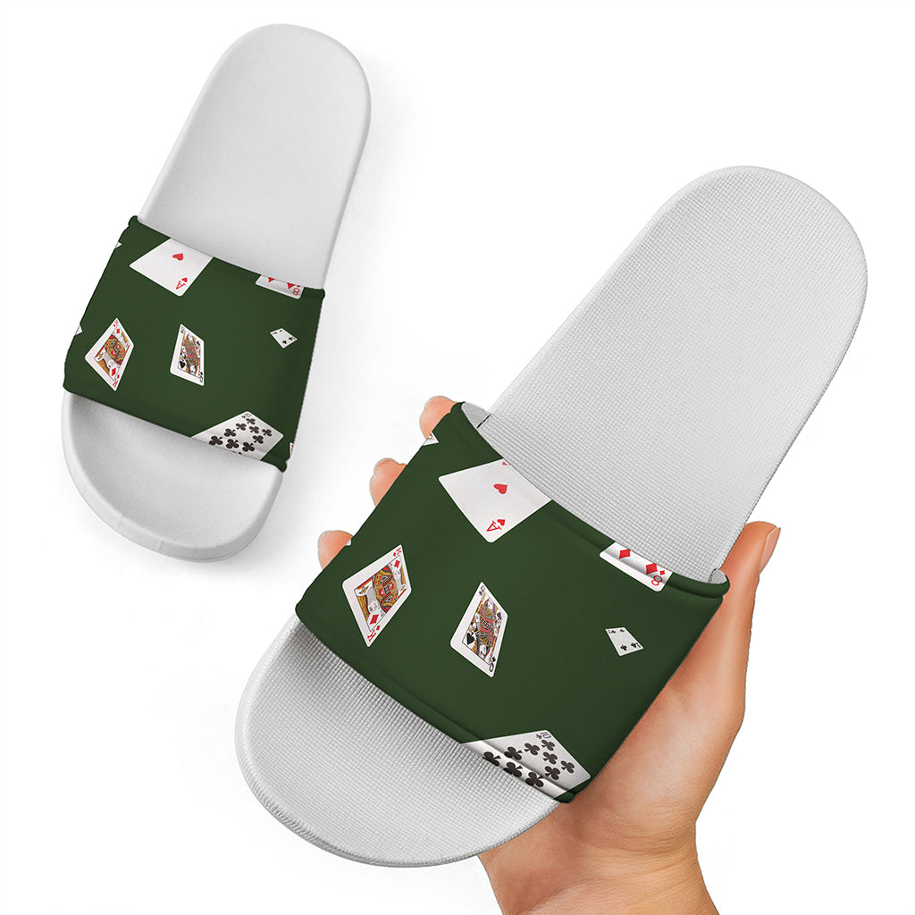 Flying Poker Cards Print White Slide Sandals