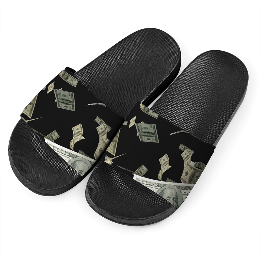 Flying US Dollar Print Black Slide Sandals