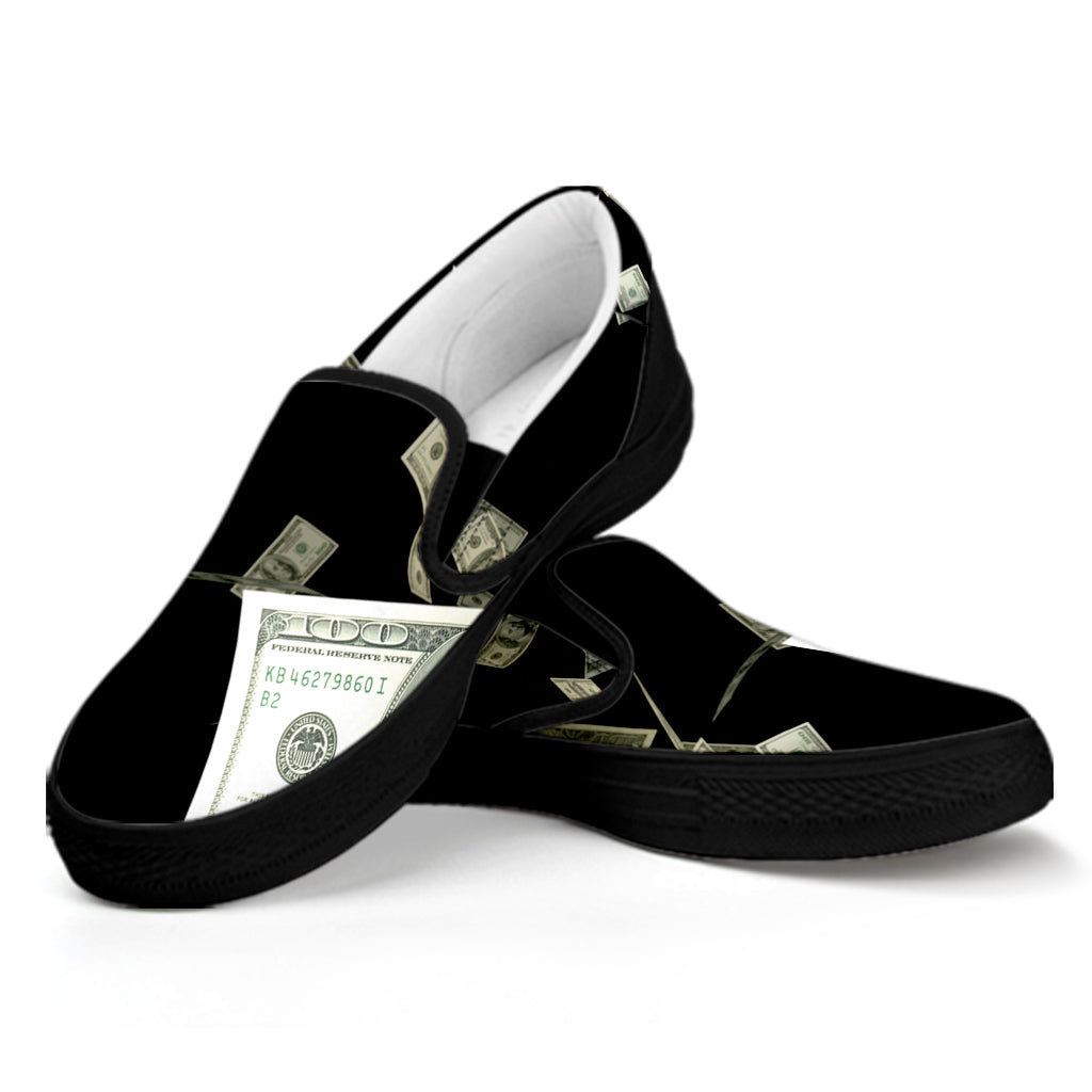 Flying US Dollar Print Black Slip On Shoes