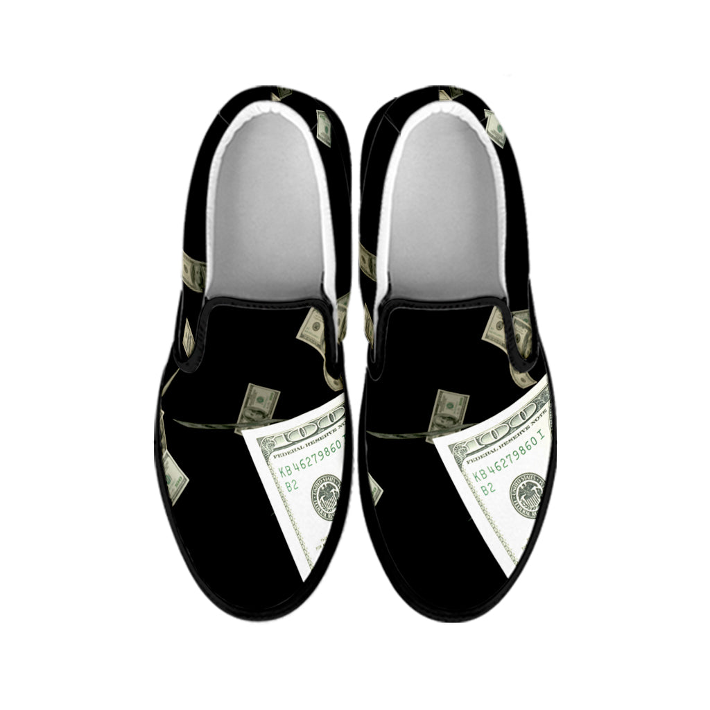 Flying US Dollar Print Black Slip On Shoes