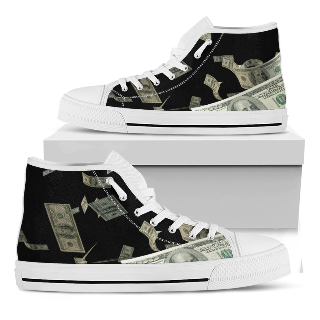 Flying US Dollar Print White High Top Shoes